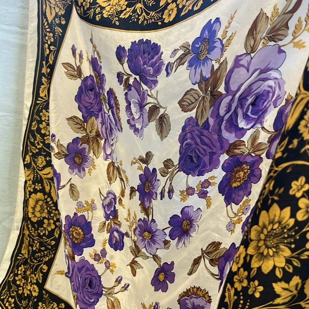 Honey 100% Silk Purple and Gold Floral Vintage Scarf